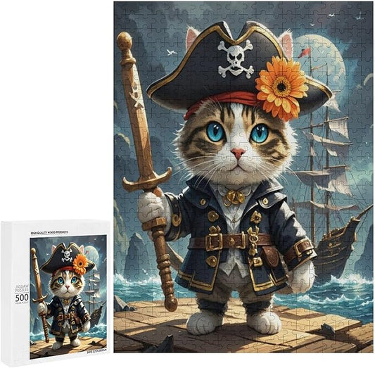 Wooden Puzzle - Classic Pirate Cat Leader Jigsaw Puzzles，Wooden Puzzles for Adults 500 Pieces Challenge Puzzles，Educational Games，Family Puzzles，Unique Gifts for Wall Art