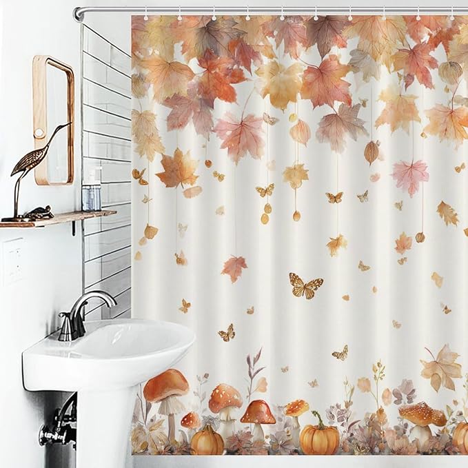 Fall Pumpkin Shower Curtain Autumn Maple Leaves Thanksgiving Harvest Waterproof Washable Fabric Bathroom Shower Curtains for Bathroom Decorations Home Indoor Decor 64x72Inch