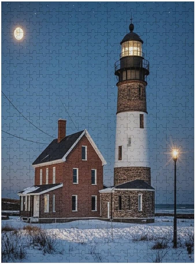 Puzzles for Adults 500 Pieces Wooden Jigsaw Puzzle - Lighthouse Near Building Winter Theme Puzzle，Party Games，Family Toys，Educational Puzzles，Stress Relief Wooden Puzzle，Gifts for Family and Friends