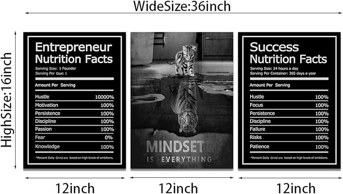 Mindset is Everything Wall Art Motivational Canvas Painting Wall Art Poster Prints Entrepreneur Bundle Set 3 Pieces Success Nutrition Facts (36" W x 16" H, Mindset)