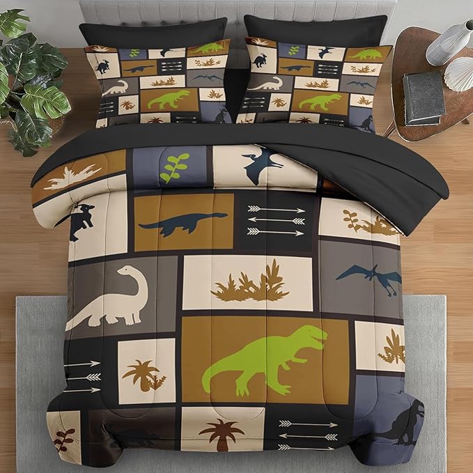 Comforter Set Queen Size, Dino Animal 7 Pcs Bedding for Kids and Adults, Cute Dinosaur Bed Sheet Sets with Fitted Sheet 2 Pillowcases & 2 Shams for Bedroom Bed Decor