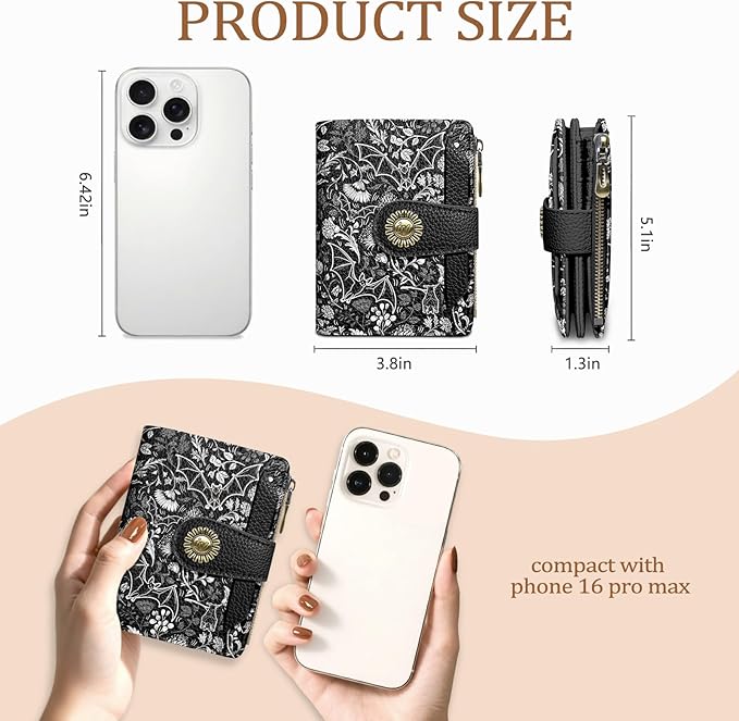 Goth Gothic Bat Small Wallet Women RFID Blocking Bifold, Credit Card Holder, Zipper Coin Pocket, PU Leather, Funny, Compact, Travel, 4 ID Window, 14 Card Slots, Cash Purse, Ladies Woman Female