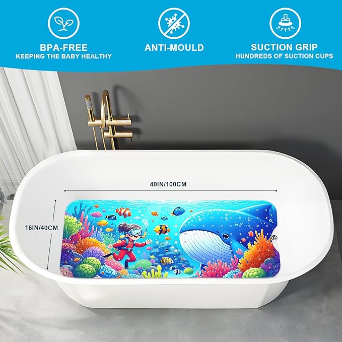 XIYUNTE Baby Bath Mat for Tub Non Slip Kids Bath Mat - 40''x16'' Extra Long Cartoon Bathtub Mat Non Slip Kids Shower Mat Eco-Friendly Toddler Bath Mats with Suction Cups, Machine Washable