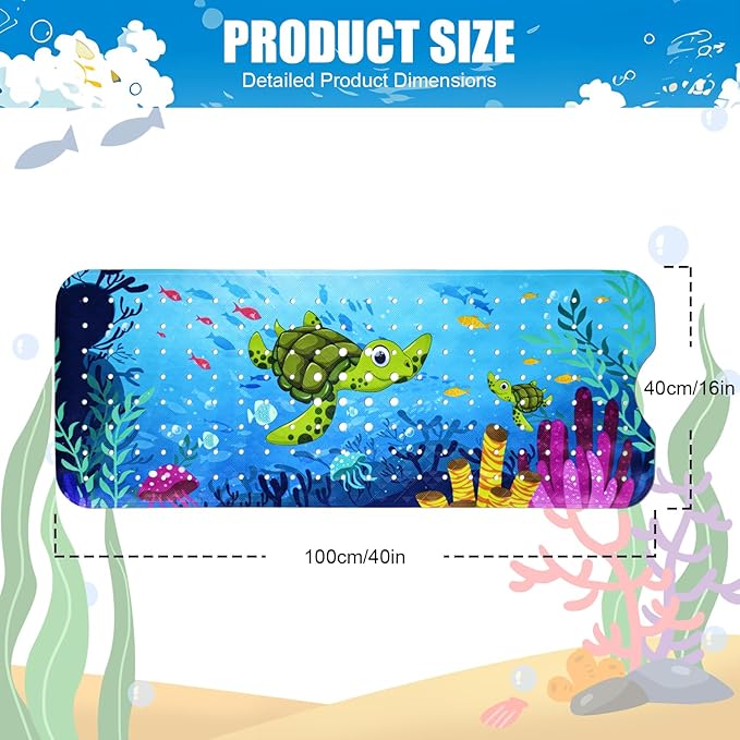 Vanleonet Baby Bath Mat for Tub, 40''x17'' Extra Long Bathtub Mat Non Slip, Bathtub Mat Non Slip Kids with Suction Cups & Drain Holes, Machine Washable, Sea Turtle