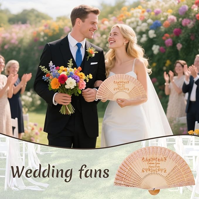 Personalized Wedding Fans for Guests Custom Wooden Folding Handheld Fans Bulk with Organza Bags Tassels for Wedding Graduation Party (200)