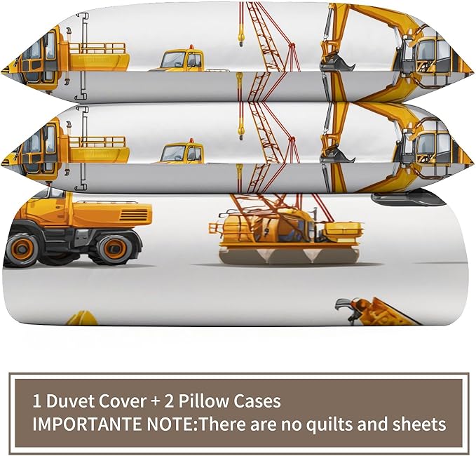 Construction Truck Bedding Set Queen Size Construction Vehicles Duvet Cover Excavator Dump Truck Crane Comforter Cover Children Machinery Cars Bed Set with Zipper Ties for Bedroom