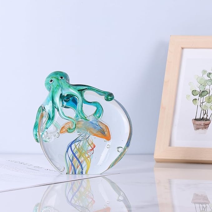 LCCCK Glass Octopus Jellyfish Statue Home Decor, Hand Blown Glass Decor Ocean Figurines Octopus Sculpture, Murano Art Office Desk Paperweights Fish Tank Aquarium Sea Animals Christmas Birthday Gift