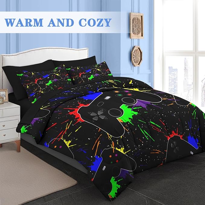Comforter Set Twin Size, Gamepad Computer Game 5 Pcs Bedding for Kids and Adults, Play Video Gaming Bed Sheet Sets with Fitted Sheet Pillowcase & Sham for Bedroom Bed Decor