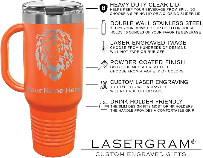LaserGram 40oz Vacuum Insulated Travel Mug with Handle, Cup Cake, Personalized Engraving Included (Orange)
