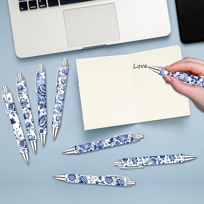 Blue and White Porcelain Pens Set – Elegant Ceramic-Inspired Writing Pens with Smooth Black Ink – Classic Gift for Students, Teachers, Office Use, Party Favors, Holidays, and Everyday Writing, 8 Pack