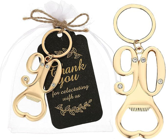 24 pcs 90th Gold Keychain Bottle Opener Birthday Party Favors for Guests,90th Beer Bottle Opener Favors Bulk for Birthday Anniversary Souvenirs Party Decor Supplies (Gold 90th)