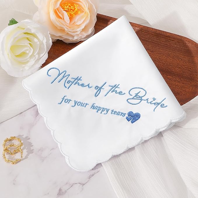 Wedding Handkerchief Something Blue for Bride, Mother Father of the Brides Groom Gifts, Embroidered Happy Tears Cotton Hanky