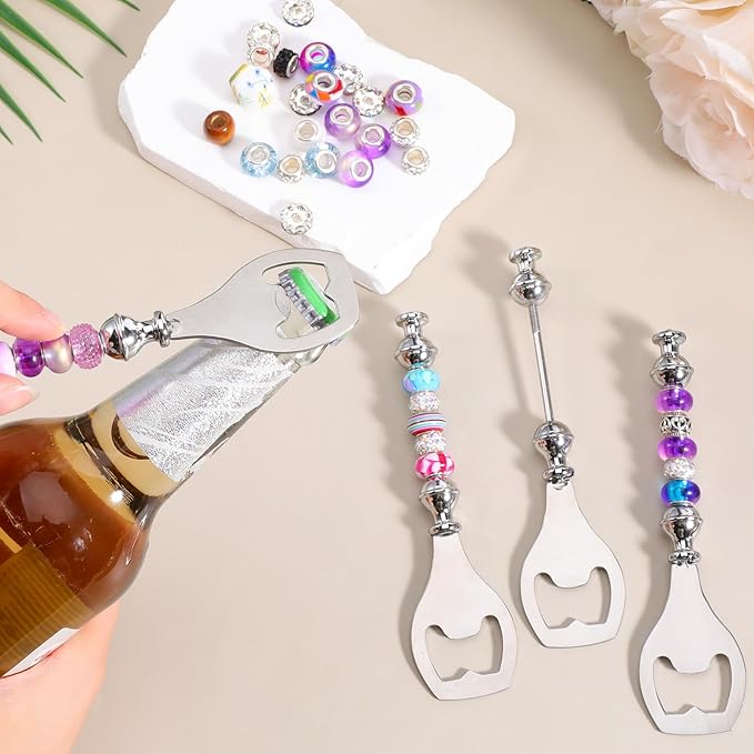 20pcs Beadable Beer Opener Reusable Bottle Opener Decorative for Bartenders DIY Flat Beer Bottle Openers Beaded Bottles Openers DIY Bead Metal Silver Wine Stoppers for Crafts Fall Bar Party Favor