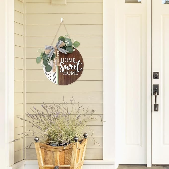 TOARTi 3D Welcome Front Door Wreath Porch Decor, Wooden Home Sweet Home Boho Outdoor Sign Hanging, Farmhouse Aztec Wall Sign Hanger with Artificial Leaves&Rustic Beads