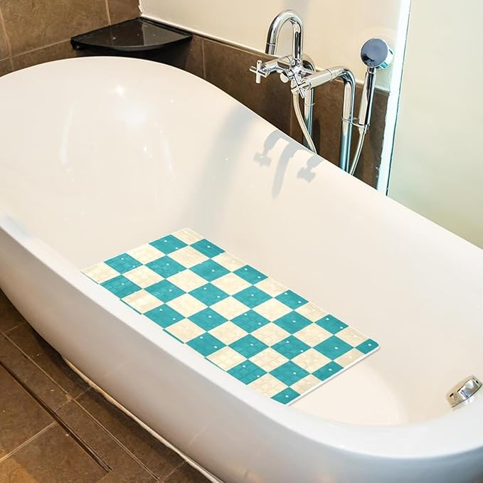 Bathtub Mats for Shower Tub, Squares of Turquoise and Cream Anti-Slip Bath Mats for Inside Tub, Bathroom Shower Mats with Drain Holes and Suction Cups