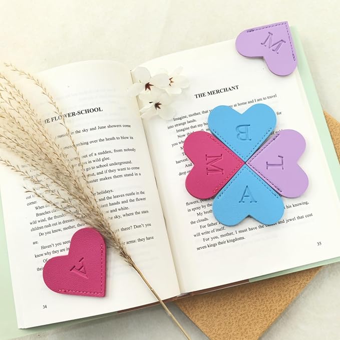 MOTEERLLU Personalized Leather Heart Bookmark with Initials, Handmade, Letter Cute Custom Corner Book Marks for Reading Women, Teachers, Students, Book Lovers, Book Accessories(Rose,I)
