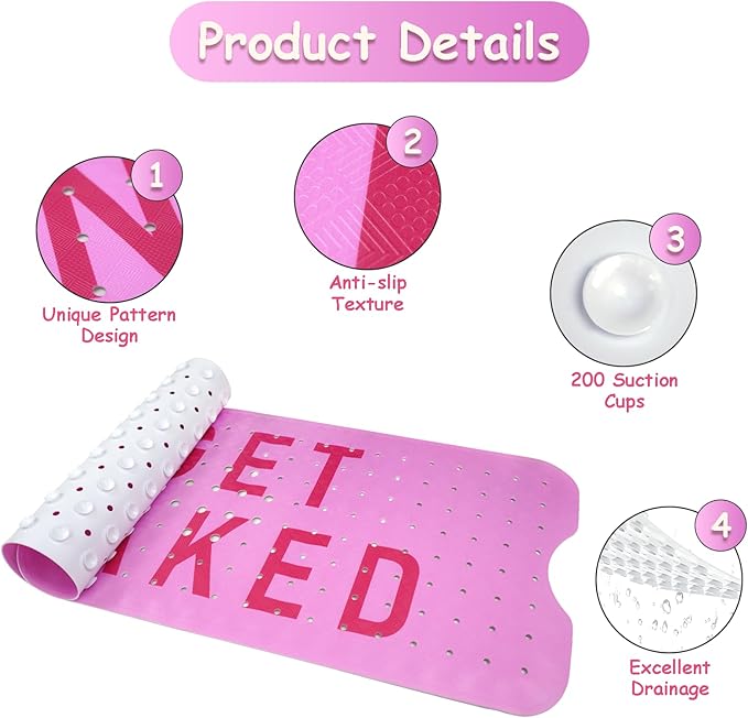 Bathtub Mat Non Slip, Get Naked Extra Long Bath tub Mat Shower Floor Mat with Suction Cups and Drain Holes for Adults Kids Elderly 40 X 16 Inch