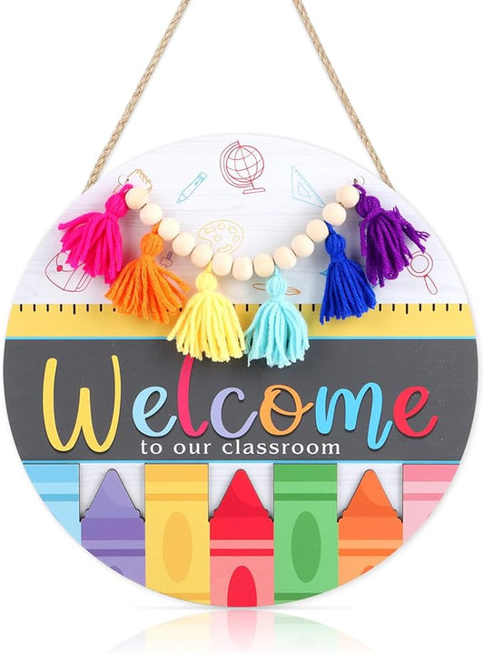 CHDITB Classroom Welcome Wooden Sign, Welcome to Our Classroom Front Door Sign Wood Hanging Plaque, Crayon Round Wood Wreaths, Back to School Wall Decor for Teacher Supplies Nursery Decor
