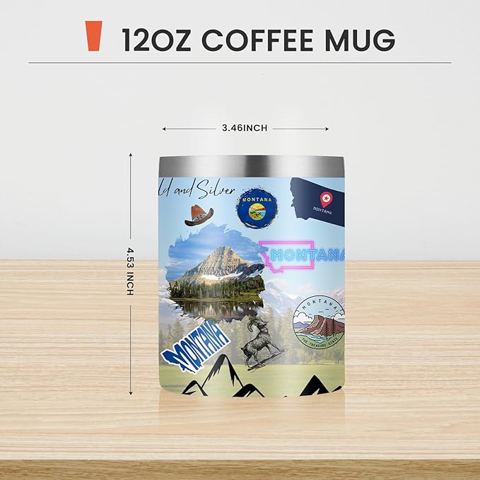 12oz Coffee Mug Montana State Insulated Coffee Cups, United States Map Travel Mug Landmark, Birthday Gifts Cute Mugs with Lid and Straw Gifts for Mom