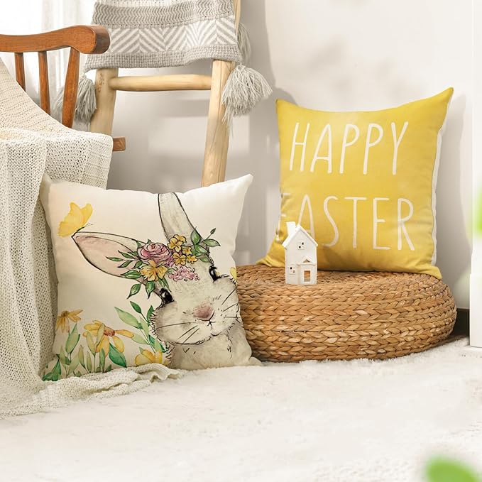 AVOIN colorlife Happy Easter Hunny Bunny Yellow Throw Pillow Covers, 18 x 18 Inch Easter Eggs Bunny Spring Cushion Case for Sofa Couch Set of 4