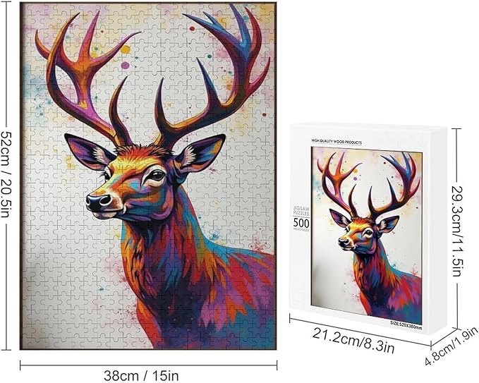Wooden Puzzles 500 Piece，Color Abstract Deer Painting Themed Jigsaw Puzzles，Challenge Puzzles，Educational Games，Family Puzzles，Unique Gifts for Wall Art，Funny Puzzles，Stress Relief Games