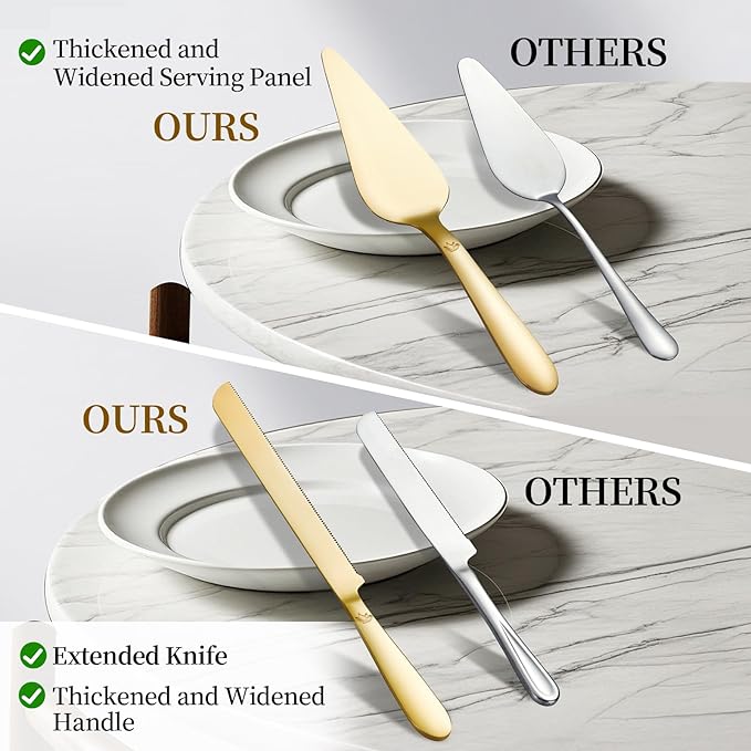 Cake Cutting Set for Wedding - Extended Cake Knife and Server Set Thickened Stainless Steel 13.0" Cake Cutter 10.49" Pie Spatula Great for Birthday Anniversary Christmas Gift 2 Pcs Gold