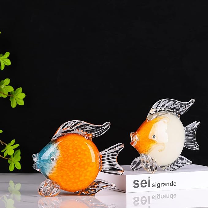 LCCCK Large Glass Fish Figurines Hand Blown Glass Fish Statue and Sculpture Home Decor, Murano Animal Tropical Sea Glass Paperweights for Desk, Glass Aquarium Coastal Beach Decorative (Orange)