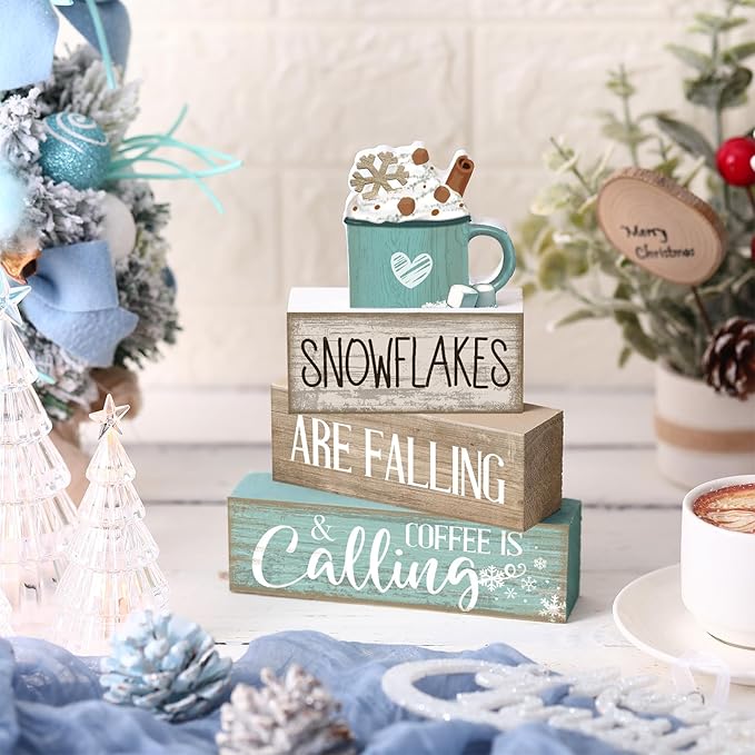 4 Pcs Winter Table Decor Wooden Milk Cocoa Decoration Winter Tiered Tray Centerpiece Decorative Blue Hot Cocoa Block Signs Gift Farmhouse Decoration for Home Kitchen