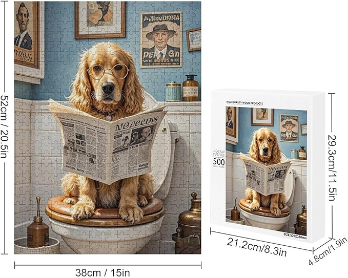 Funny Wooden Puzzle - Goldendoodle on Toilet Reading Newspaper Puzzle for Adult 500 Piece，Wooden Jigsaw Puzzles Art Leisure Game Fun Suitable Family Friends Educational Learning Games Gift