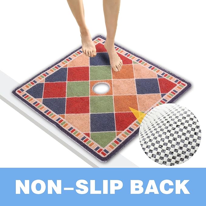 Square Shower Mat 23x23 Inch Non-Slip with Drain Hole, Shower Floor Mats for Bathroom, PVC Loofah Stall Mat, Secure Boho Bath Mats