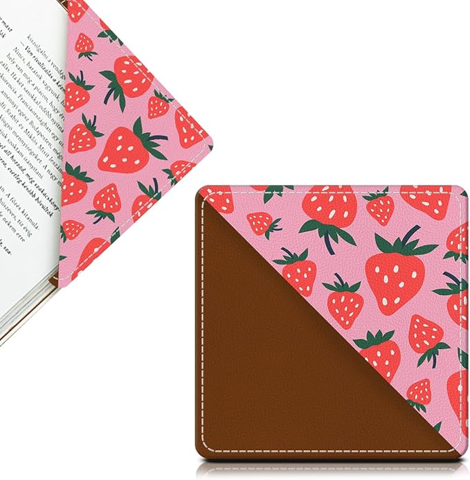 Cute Leather Bookmarks, Fun Triangle Making Corner Bookmark, Book Accessories for Reading Book Lovers, Unbreakable Page Markers for Women Men Pink Cute Strawberry
