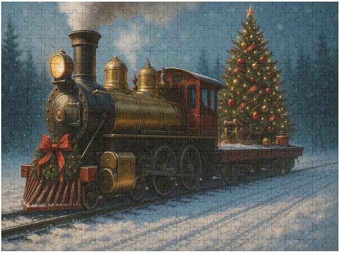 Christmas Train Christmas Tree 500-Piece Wooden Jigsaw Puzzle, Holiday Train Puzzle, Christmas Tree Scene, Indoor Entertainment, Family Fun, Mindful Leisure Activity