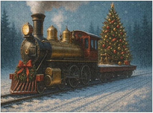 Christmas Train Christmas Tree 500-Piece Wooden Jigsaw Puzzle, Holiday Train Puzzle, Christmas Tree Scene, Indoor Entertainment, Family Fun, Mindful Leisure Activity