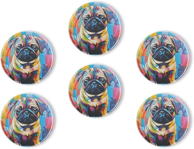 Fridge Magnets 6 Pcs Painted Pug in Modern Art Style Round Strong Magnetic Glass Small Refrigerator Magnet,Home Decoration for Office Whiteboards,Classrooms,Cabinet and Dishwasher