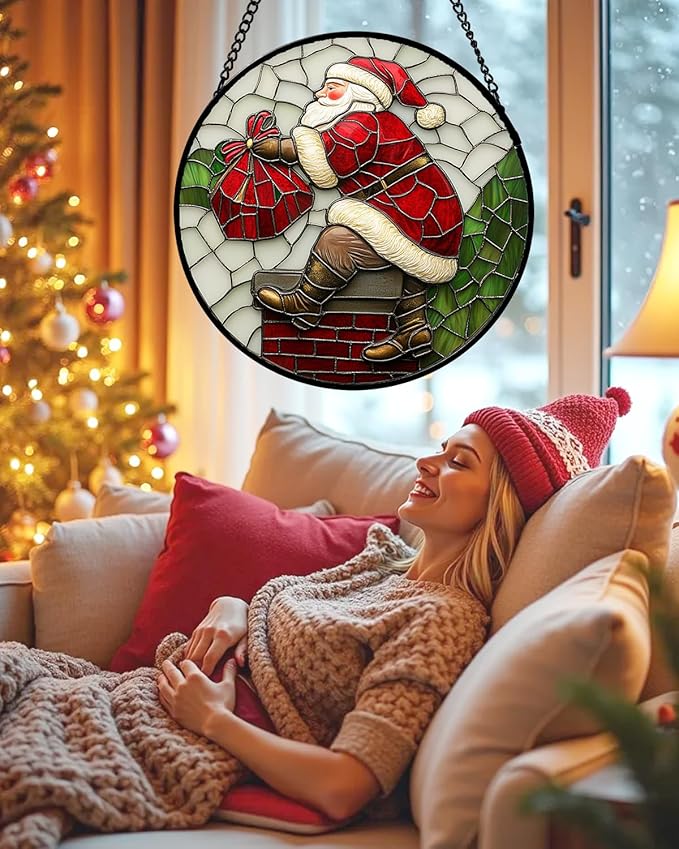 Stained Glass Window Hangings - Santa Claus Climbing The Chimney Suncatcher for Door Home Christmas Decor Sun Catcher Thanksgiving New Year Birthday Gifts for Women Men Mom Nana 11.8 in