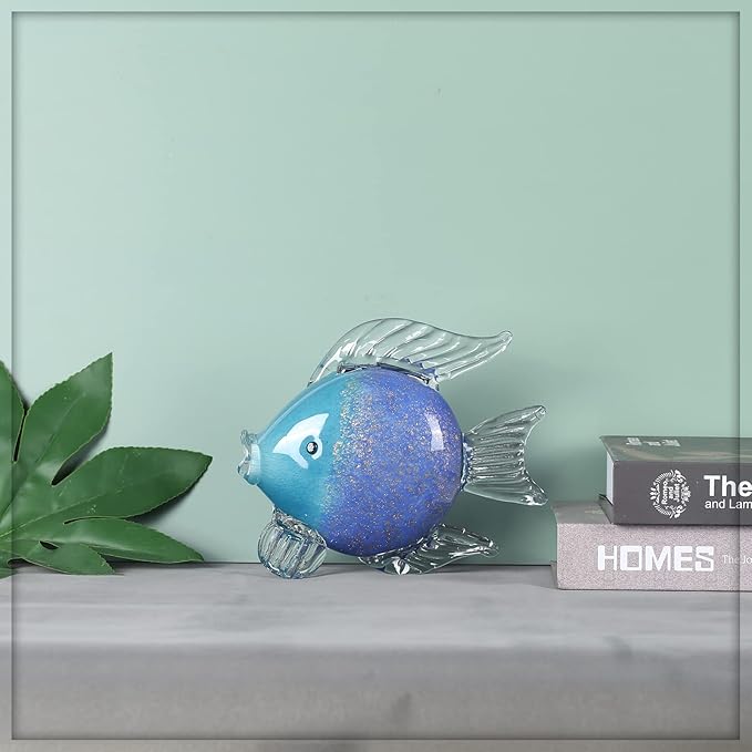 Blue Glass Fish Art Decoration Hand Blown Glass Fish Figurine, Art Paperweight Collection, Modern Office Luxury Decorations(WA-7)