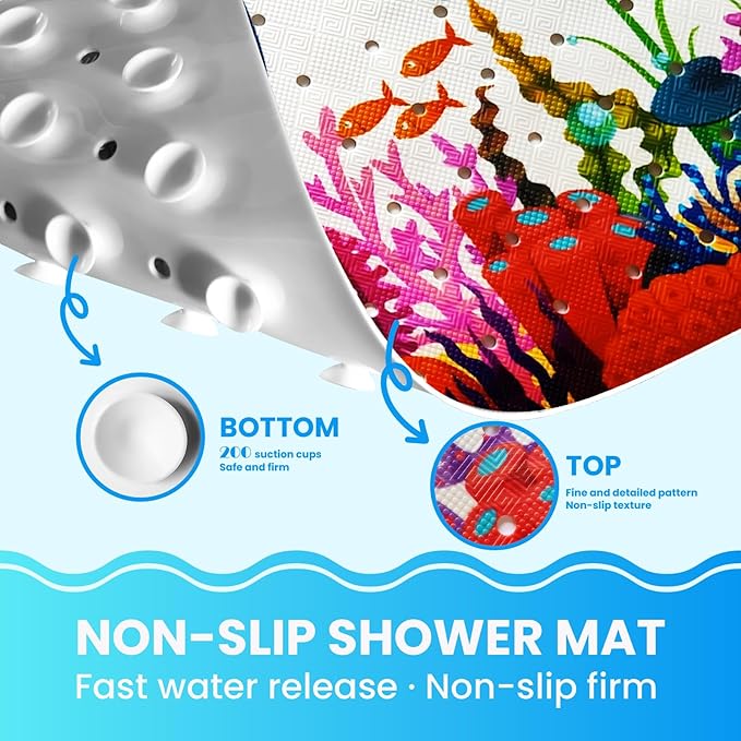 Linoows Baby Bath Tub Mat, 40 x 16 Inch Extra Large Non Slip Kids Cartoon Bathtub Shower Mats with Suction Cups & Drain Holes, Machine Washable for Bathroom, Undersea Blue Whale