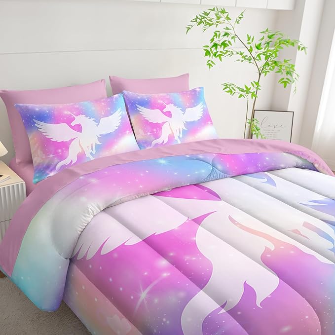 Galaxy Unicorn Bedding Set Queen - Unicorn Comforter Set (7 Piece) - Pegasus Galaxy Kids Bedding, Pink Purple Blue Girls Quilt Set, All Season Microfiber Bed Set with Shams, Flat/Fitted Sheet