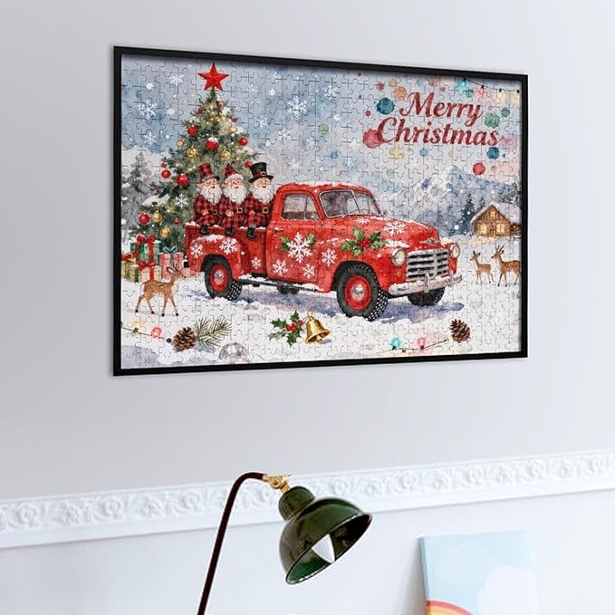 Merry Christmas-Red Car Gnomes 500-Piece Wooden Jigsaw Puzzle, Festive Holiday Puzzle, Christmas Gnome Scene, Cozy Indoor Fun, Family Game Night, Mindful Leisure Activity
