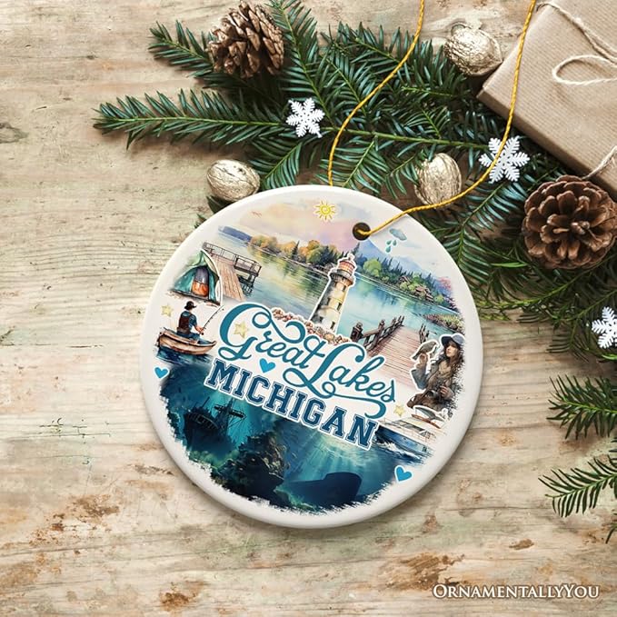 Artistic Great Lakes Michigan State Ornament, Ceramic Landscapes and Travel Souvenir and Gift (Version 1)