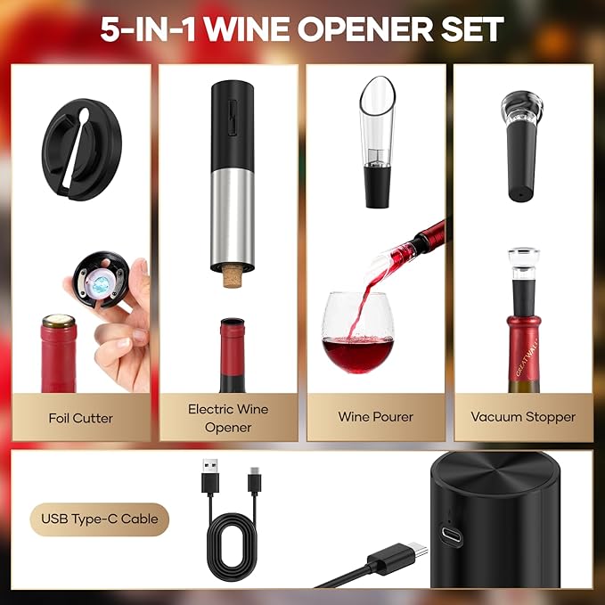 Electric Wine Opener, Automatic Electric Wine Bottle Corkscrew Opener with Foil Cutter Aerator Pourer Vacuum Stopper, Rechargeable Wine Opener Set, Gift For Christmas New Year Housewarming Birthday