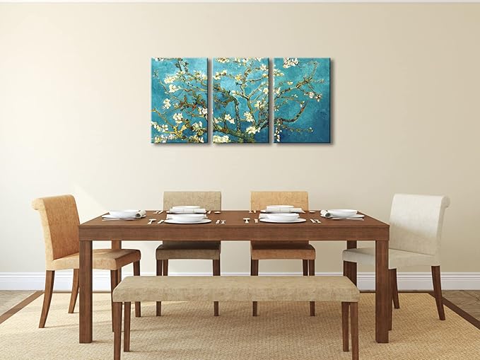 Wieco Art Giclee Canvas Prints Wall Art for Wall Decor by Van Gogh Paintings Almond Blossom Modern 3 Piece Stretched and Framed Abstract Flowers Artwork Home Office Decorations