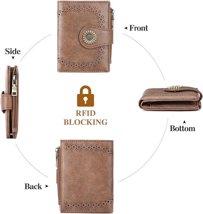 SENDEFN Small Wallets for Women Bifold RFID Blocking Leather Card Holder Compact Wallet with Zipper Coin Pocket