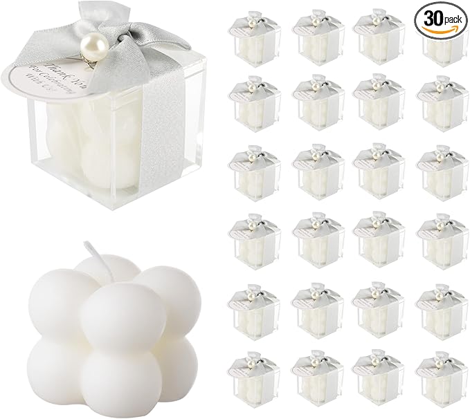 ACITHGL 30 Sets Small Bubble Candle Wedding Candles Favors for Guests Bulk Bridal Shower Favors Candles with Stylish Ribbons Thank You Cards Gifts (Shimmering Silver)