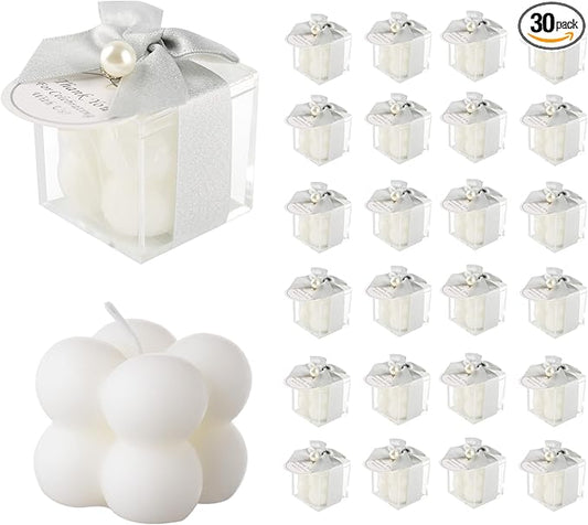 ACITHGL 30 Sets Small Bubble Candle Wedding Candles Favors for Guests Bulk Bridal Shower Favors Candles with Stylish Ribbons Thank You Cards Gifts (Shimmering Silver)