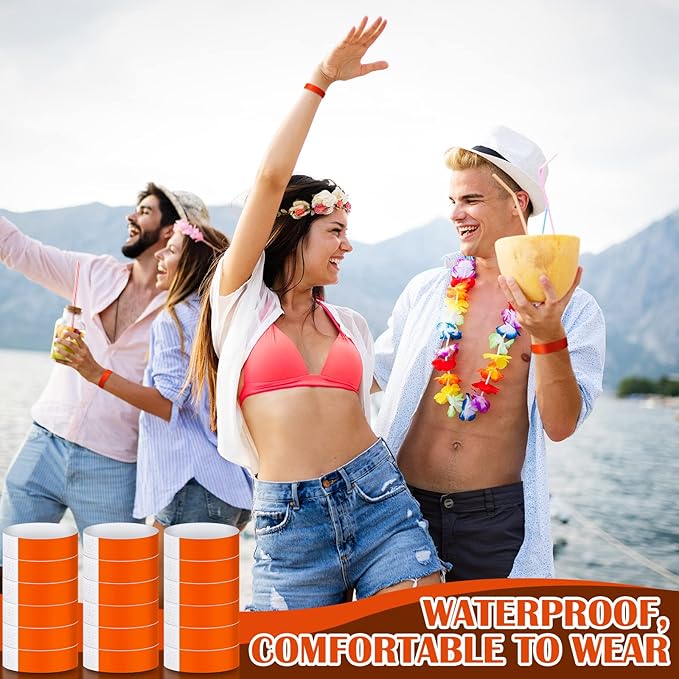 Tudomro 1200 Pack Plastic Paper Wristbands for Events Neon Party Wrist Bands Colored Waterproof Concert Identification Hand Bands Lightweight Adhesive Wristband(Orange)
