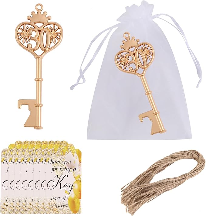24pcs 30 Birthday Party Favors Key Bottle Opener, 30th Beer Opener Keychain Favors for Guests with Organza Bags and Tags,Beer Keychain Bottle Openers for Birthday Party Decoration Supplies (gold-30)