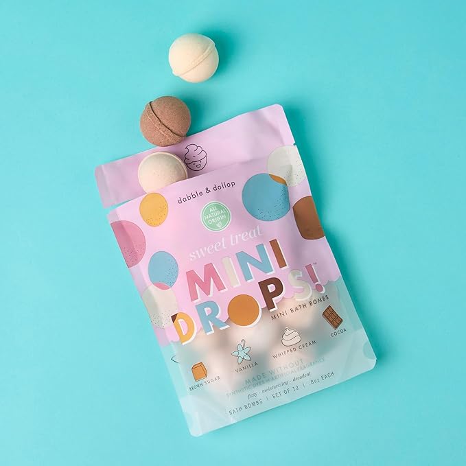Dabble & Dollop Mini Bath Bombs, Natural Droplets for Kids, Sweet Treat Scents - Resealable Pouches, Fizzy, Moisturizing & Fun, Vegan, Gluten-Free, Cruelty-Free (Set of 36)