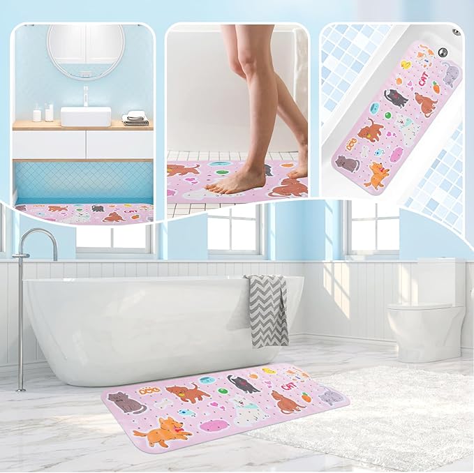 Baby Bath Mat for Tub Non Slip Kids Bathtub Mat Extra Long 40X16 Inch Toddler Bath Tub Shower Mat Anti Slip with Suction Cups & Drain Holes, Machine Washable (Cat Dog)