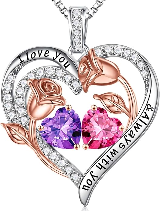 Iefil Valentines Day Gifts for Her - 925 Sterling Silver Rose Heart Birthstone Necklace Birthday Anniversary Jewelry Gifts for Her Wife Mom Daughter